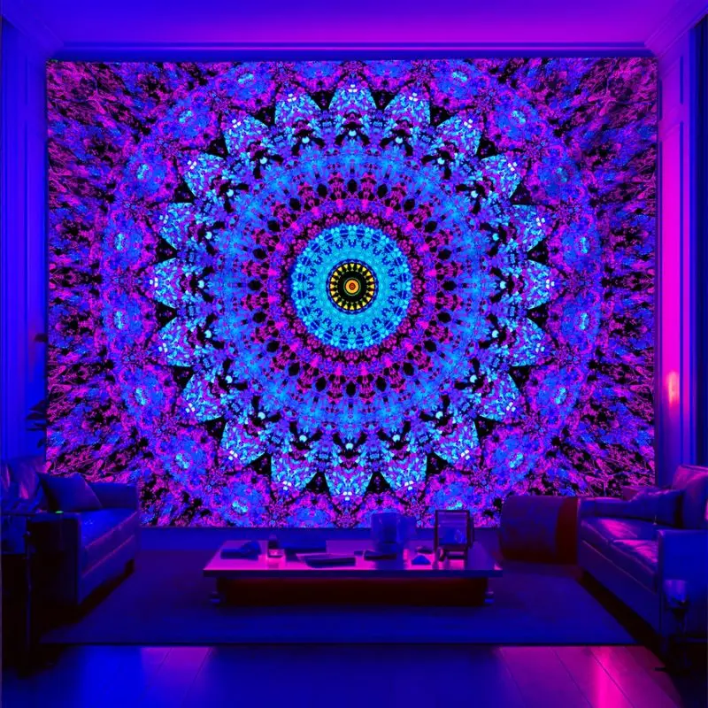VIKAMA Fluorescent Mandala Tapestry Wall Art for Living Room, Geometric Neon Pattern Purple Blue Glow Bohemian Hanging Decor