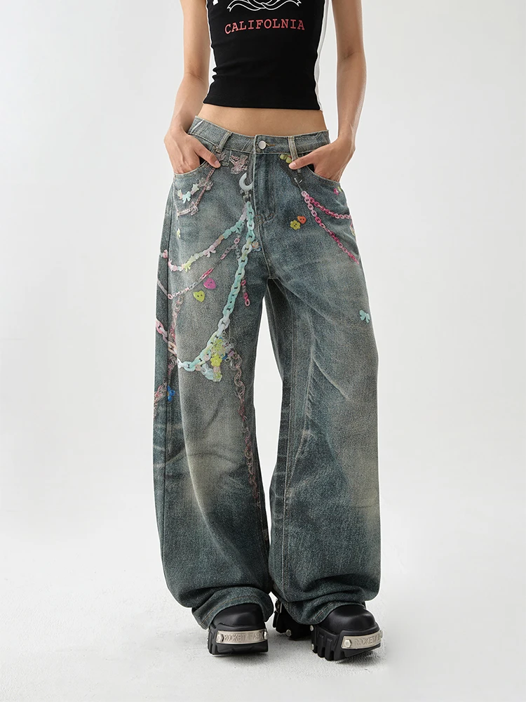 Fall Winter Women Unisex Tomboy Baggy Hip-pop Graffiti Jean