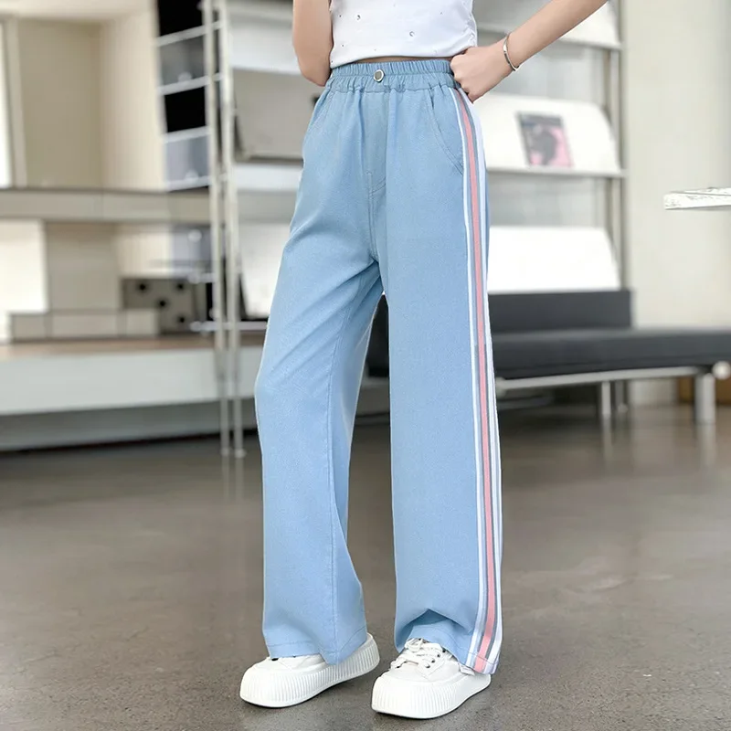 Summer Ice Silk Cotton Jeans Girls Soft High Waist Wide Leg Pants Kids Thin Loose Casual Trousers Ankle Length Cool Denim Pants