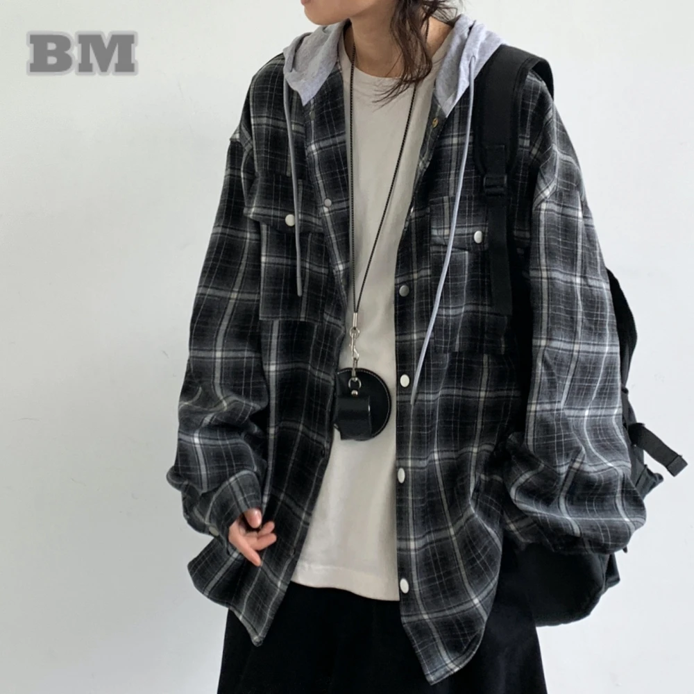 Unisex Korean Style Plaid Hooded Shirt Spring Autumn Preppy Oversized Long Sleeve Coat Casual Trendy Fashion Tops For Men Women