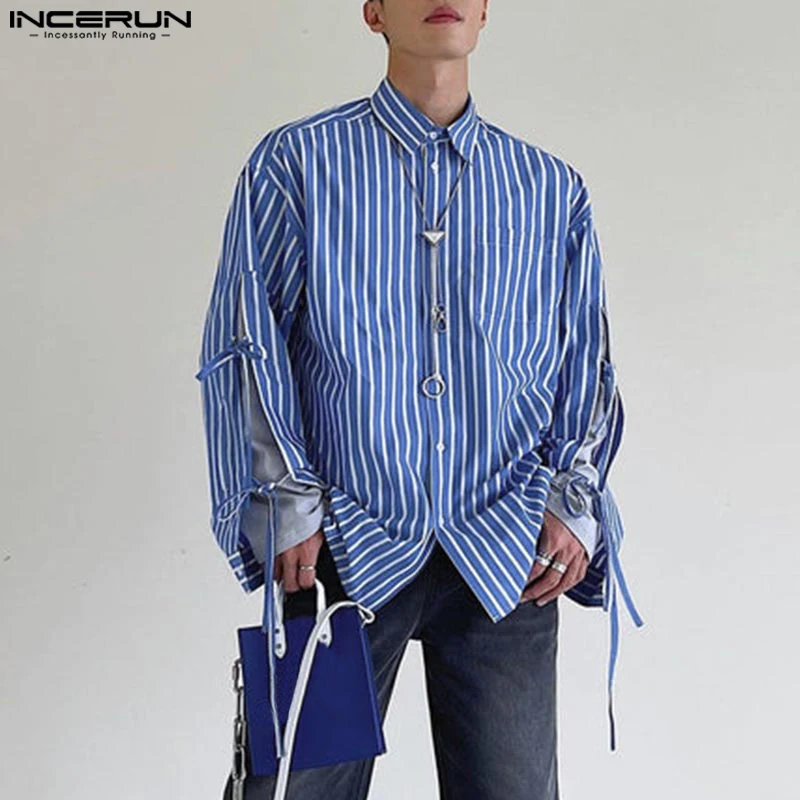 INCEURN Stripes Splicing Loose Tip Up Design Tops Korean Fashion Long Sleeve Shirts Harajuku Lapel Collar Colorblock Open Blouse