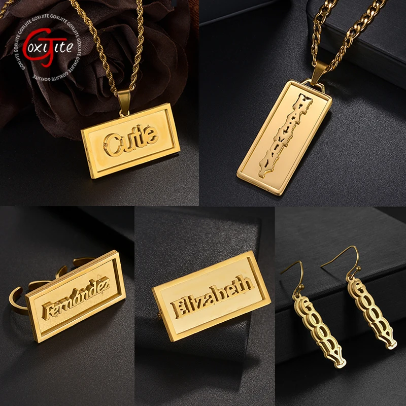 Goxijite Customized Name Rectangular Pendant For Men  Women Stainless Steel Double Side Welding Ring Brooch Jewelry Set Gift