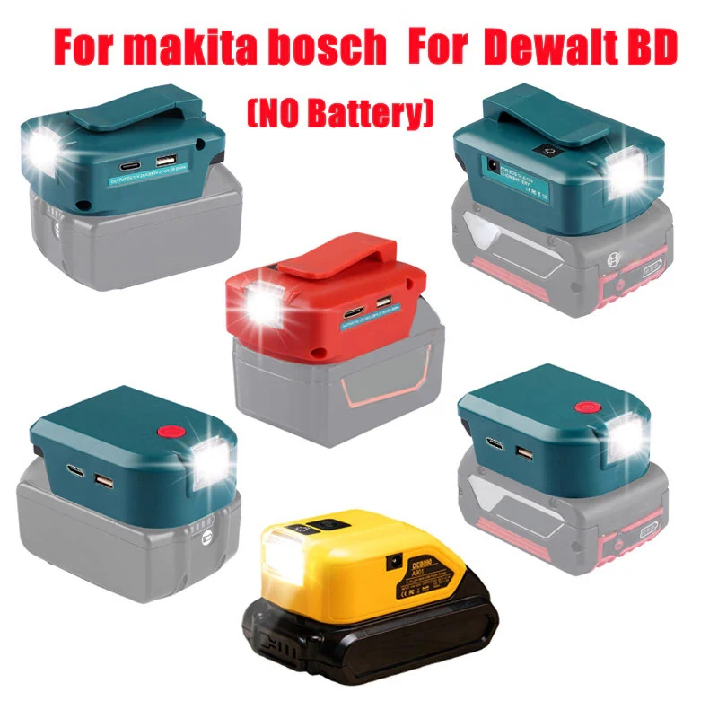 Adaptador de Bateria com Luz Led Dual Usb Tipo-c Port para Makita Dewalt Bosch Milwaukee Black Decker 18v 20v Li-ion Battery