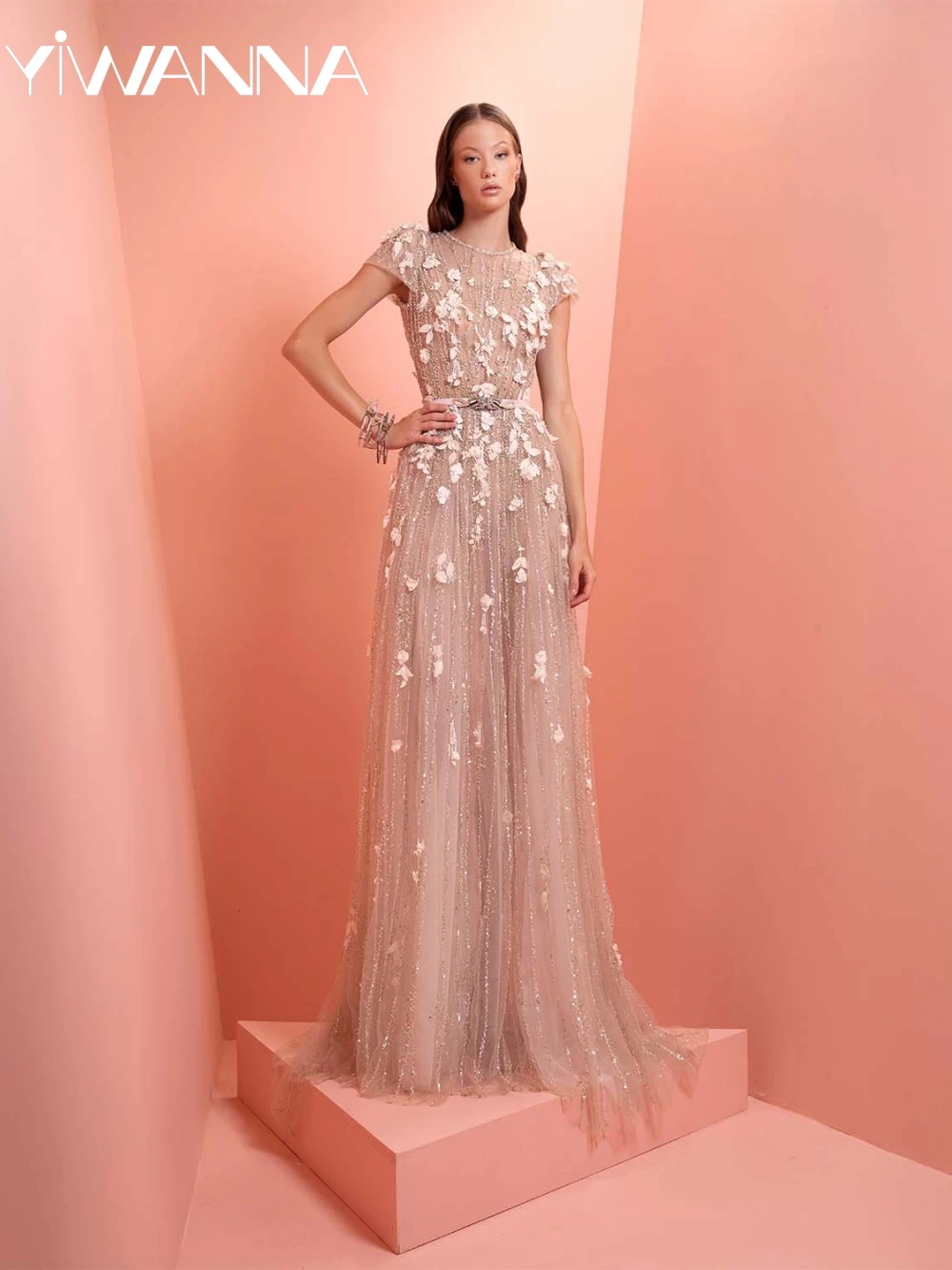 Robe de soirée longue en Tulle, ligne a, perles scintillantes, col rond, manches courtes, robe de soirée de mariage, robes de bal élégantes personnalisées