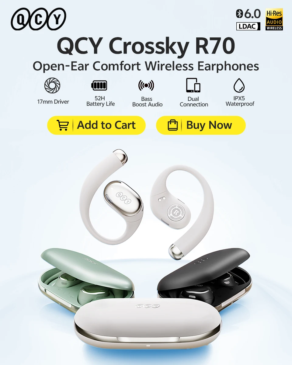 QCY Crossky R70 CT02 Open-Ear Sport Wireless-Kopfhörer Bluetooth 6.0 Hi-Res LDAC Ohrbügel Kopfhörer Drahtlose Lade-Ohrhörer 52 Stunden – Detail 1