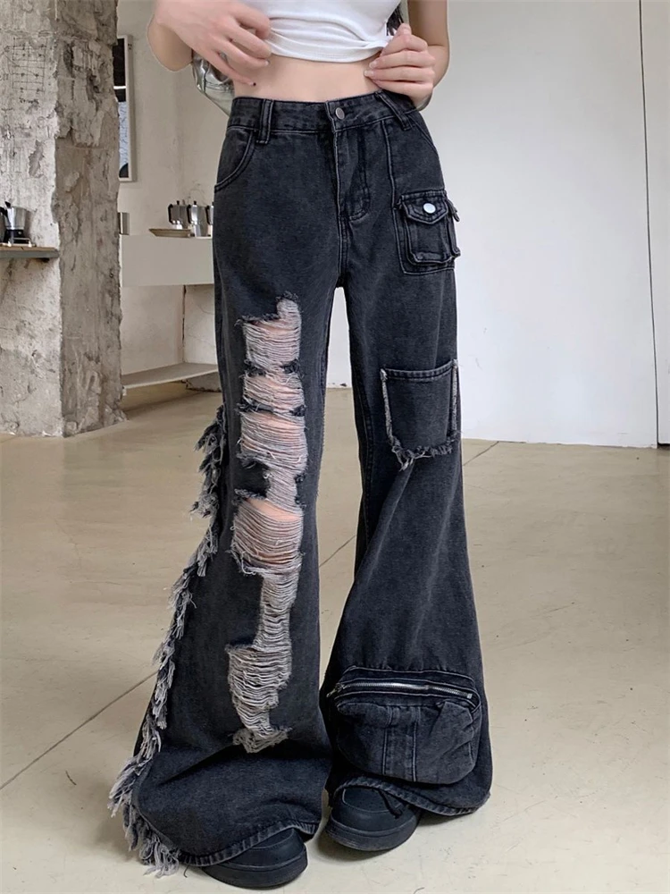 

Women's Worn Through Holes Rough Edges Splicing Jeans Summer Wide-leg Denim Trousers Vintage Bottoms Female High Waisted Pants