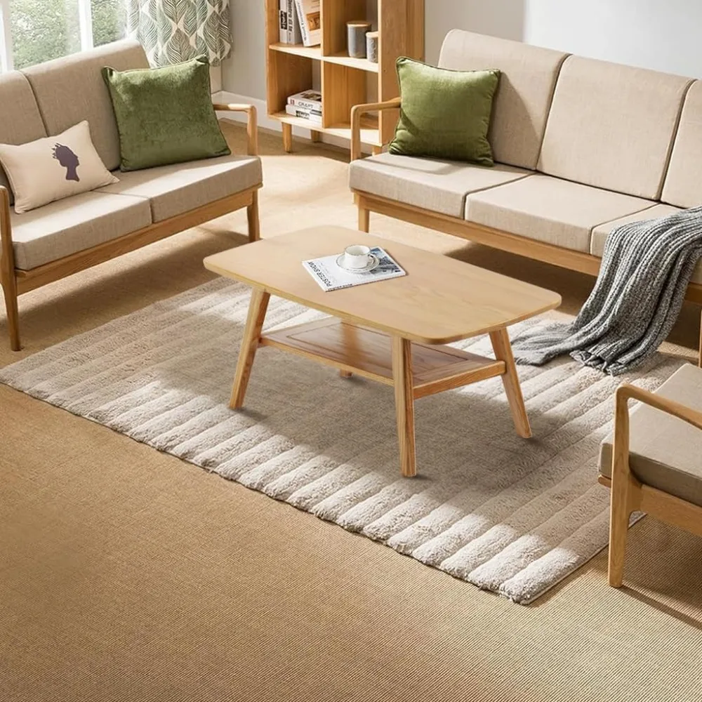 Modern Two-Tier Oak Coffee Table with Storage Shelf for Living Rooms, Apartments, and Offices