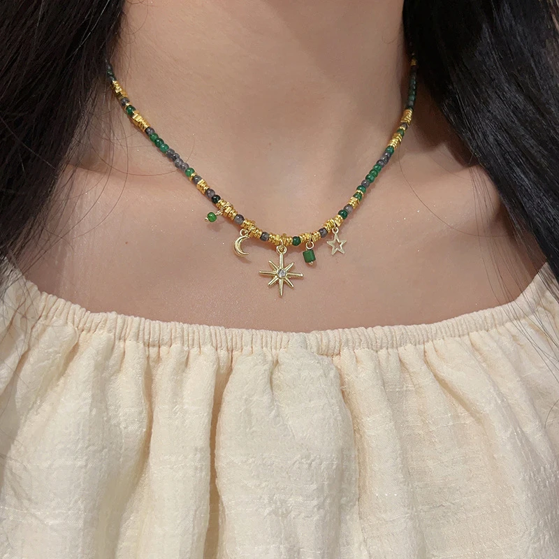 Vintage Green Stone Beaded Necklace Star Moon Sunflower Charm Clavicle Chain Women Party Jewelry Summer Vacation image 3