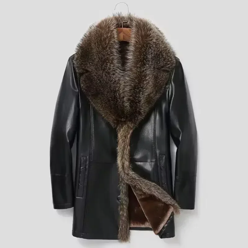 

Haining Fur One Man with Wool Thickened Genuine Leather Fur Coat Sheep Skin Raccoon Big Fur Collar Medium Long Men's Clothing