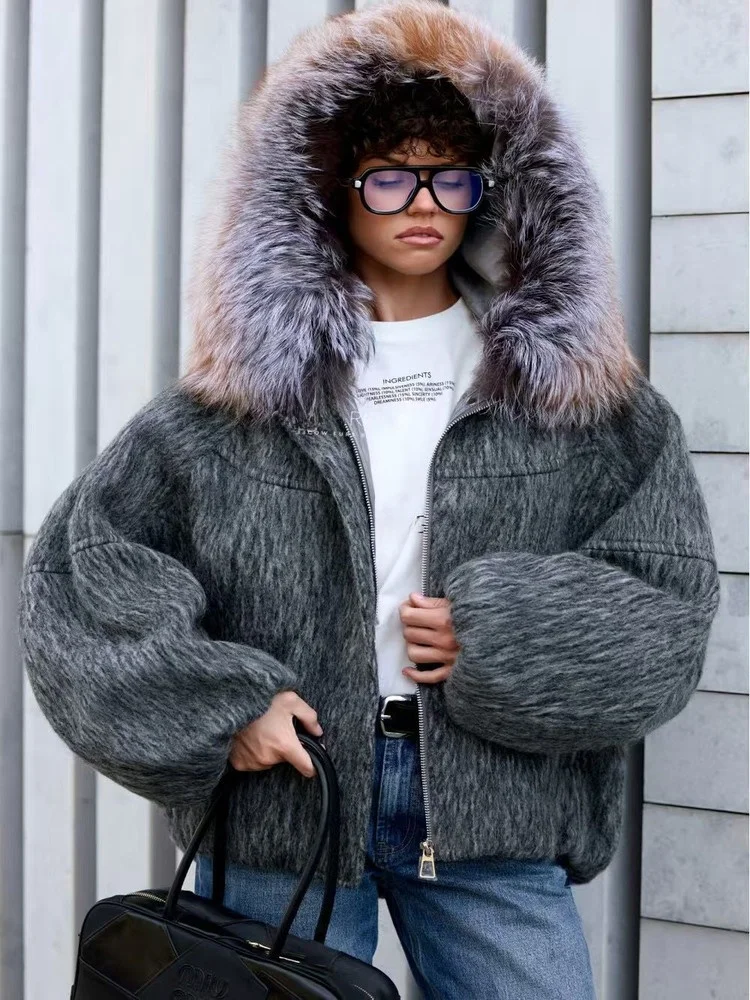 معطف نسائي بياقة من الفرو من القماش الصوفي من Goose Down Puffer Jaet ort Thiened مع قبعة وياقة من الفرو #1