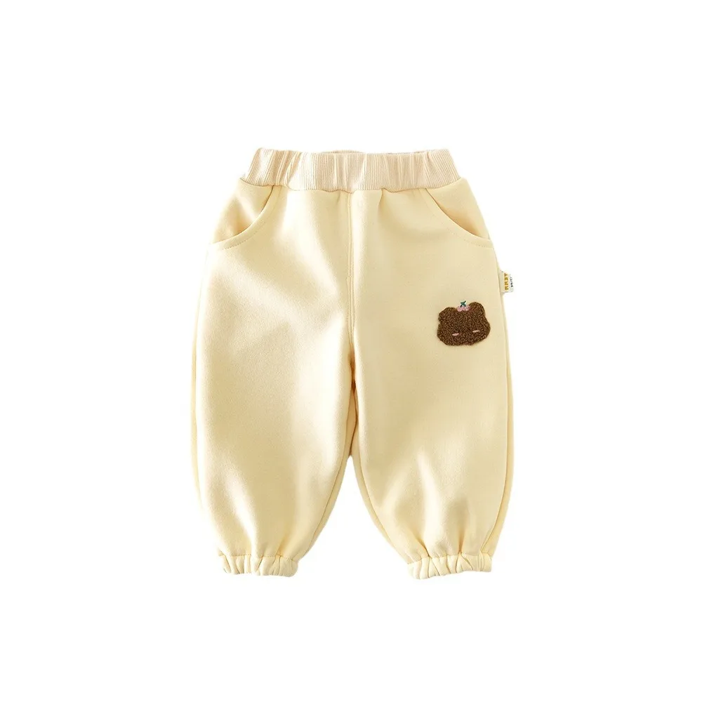 Autumn Winter Baby Boys Pants Cotton Plus Velvet Cartoon Bear Loose Solid Infant Boys Trousers Thickened Toddler Boys Pants