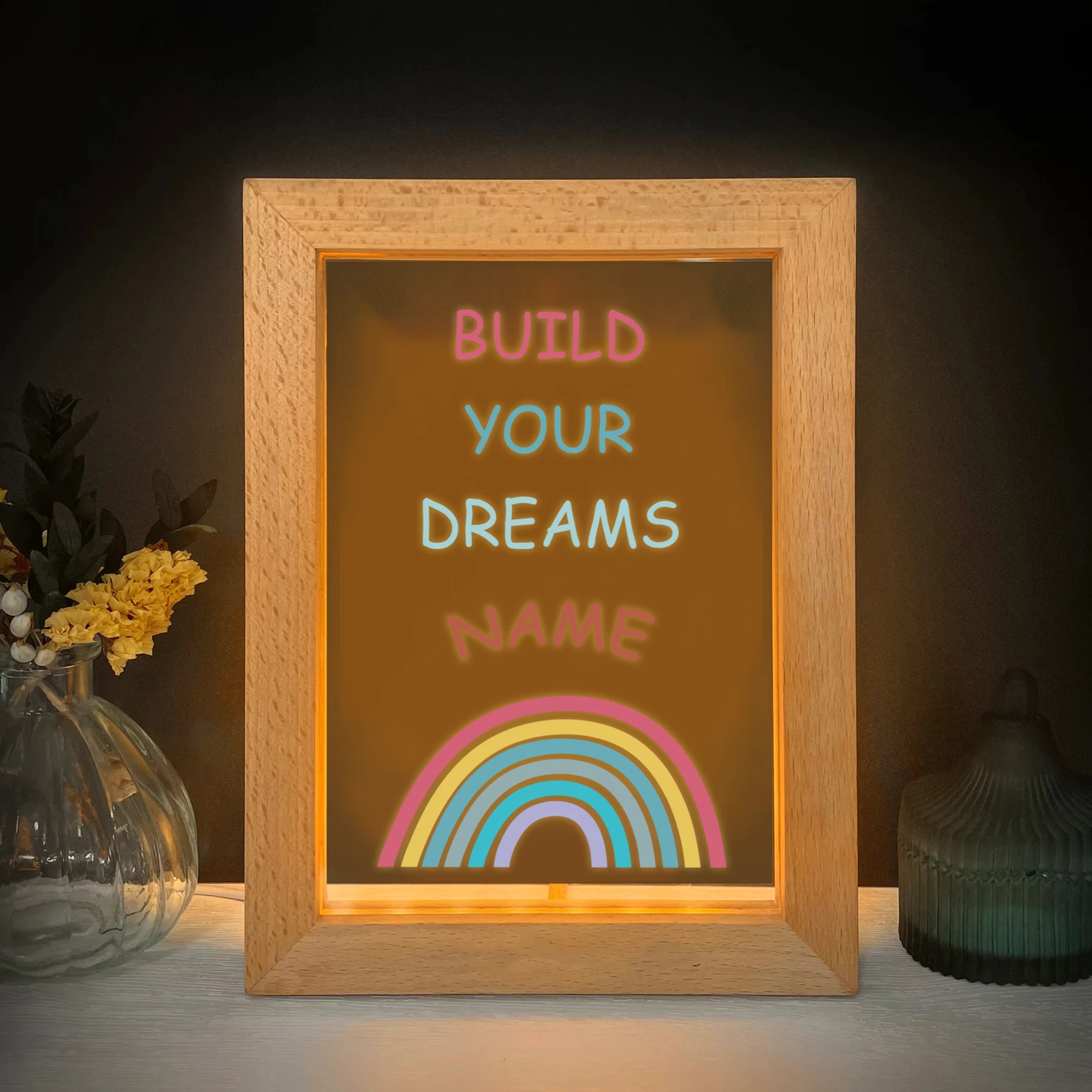 2d plana nome personalizado arco-íris led acrílico luz noturna moldura de madeira 21x17cm dos desenhos animados presentes do quarto das crianças decoração de casa