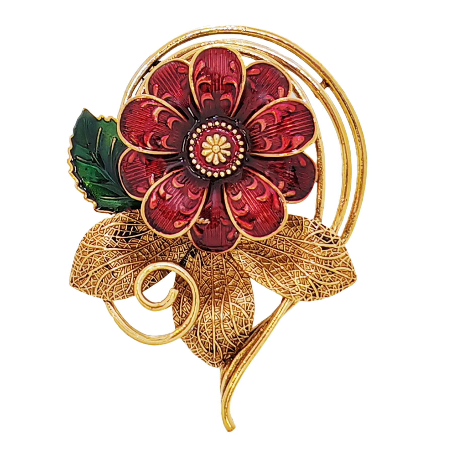 

Vintage Autumnal Red Enamel Flower Brooch with Cirlcet Vine Detail