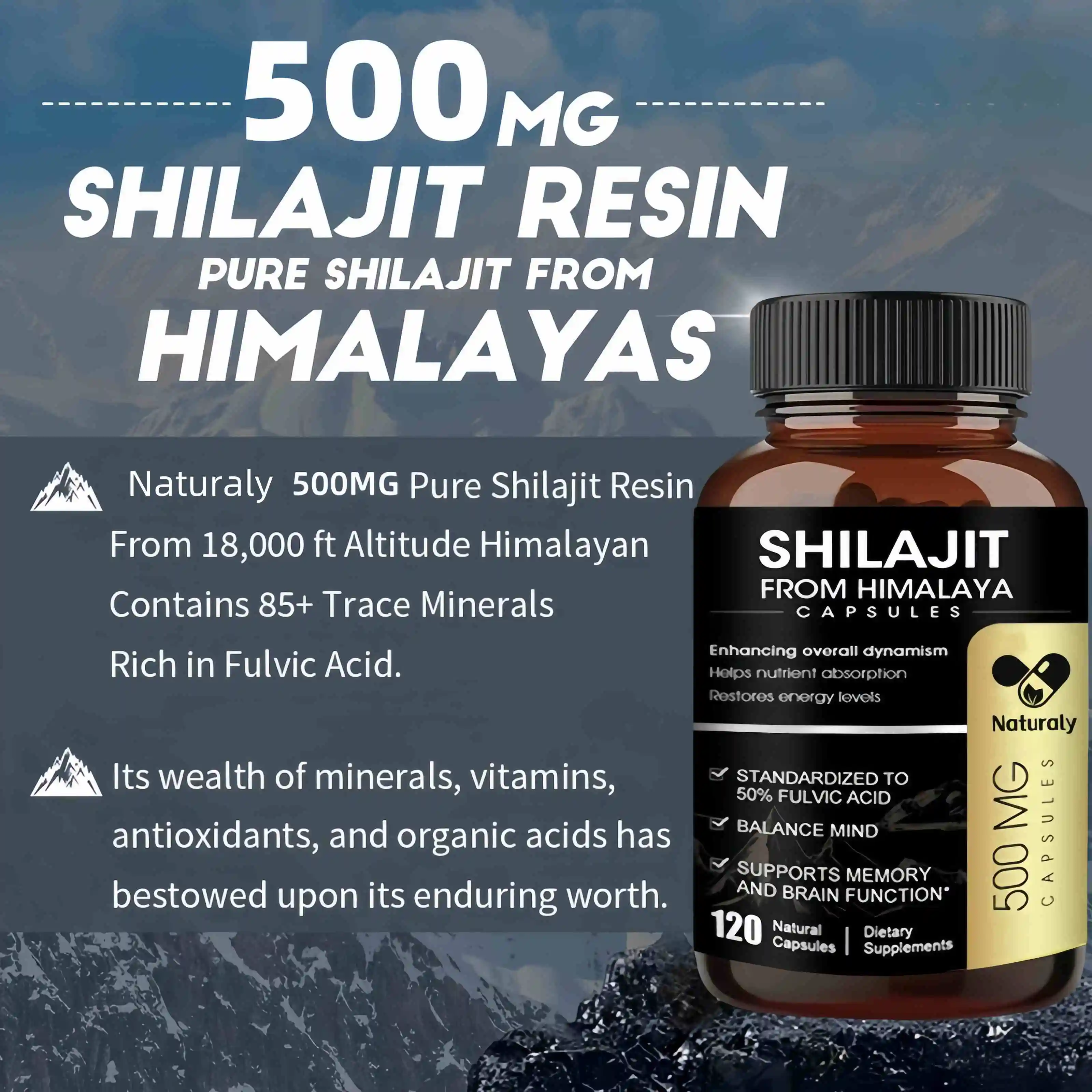 Shilajits cápsulas orgánicas, rico en ginseng y ácido Fulvic, suplemento de energía de equilibrio biológico Masculino