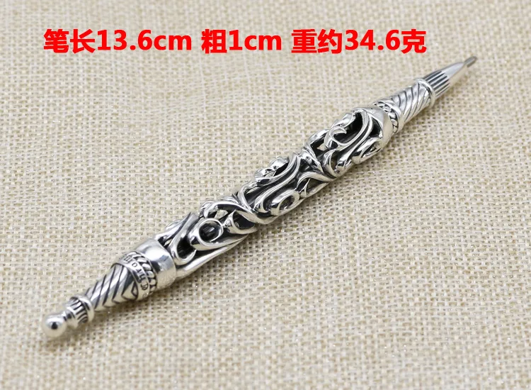 Classic and Elegant Gift Men's Pure Silver Antique Tang Grass Pattern Ballpoint Pen Retro Individual Block Office Signature Pen