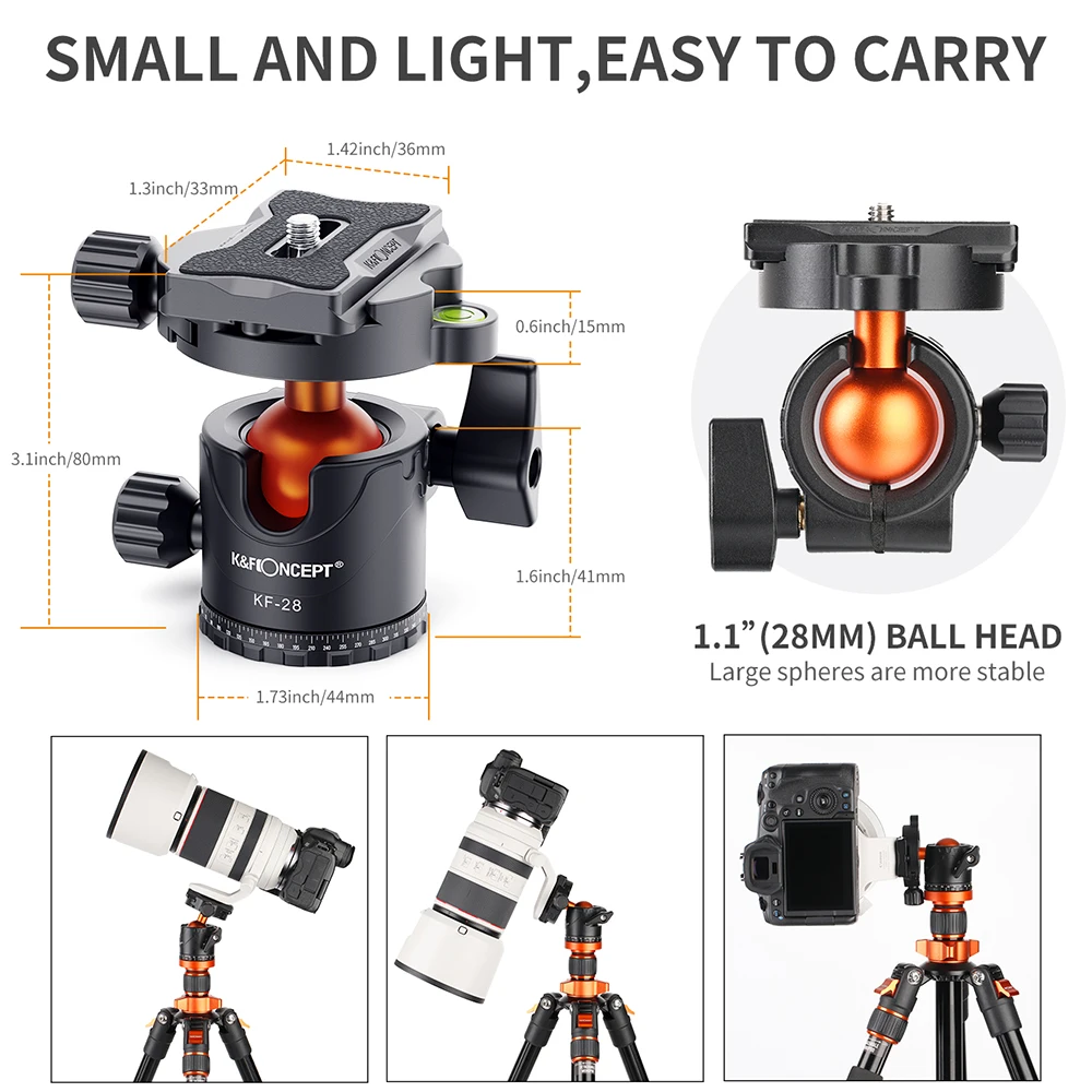 Ballhead Tripod Mount Adapter 28mm Large Ball Head Adapter QR Plate 1/4 Inch Aluminium Alloy 10kg Payload