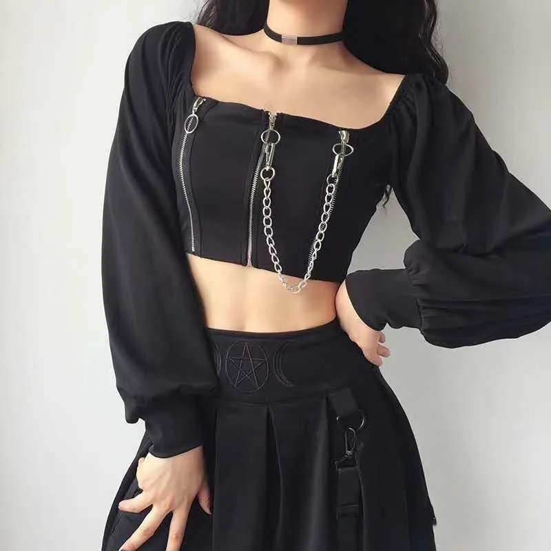 Y2K New Summer Long Sleeve Tops Tee Short Fashion Retro Style Chain Solid Crop T-shirt Cross Collar Slim Cotton Pullover Tshirts