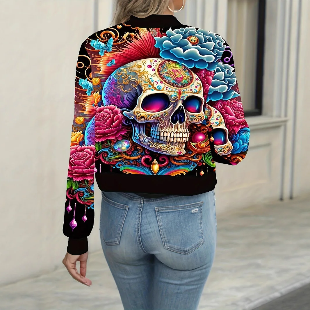 Cappotto corto da donna in stile europeo e americano, giacca in pelle primaverile e autunnale, top casual con cerniera stampata per Halloween da strada fritta