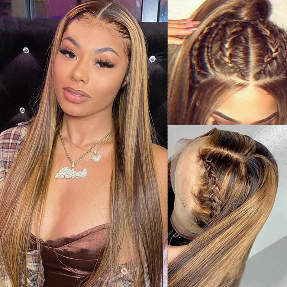 

Highlight Ombre Blonde 13X4 HD Bone Straight Lace Frontal Wig Pre Plucked Glueless Synthetic And Blend Clearance Daily For Women