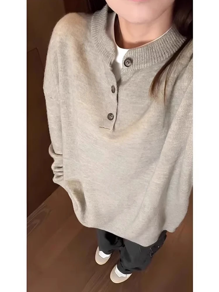 

Thiened Knitted Henry Collar Sweater Men's Autumn Winter Lazy High-End American Retro Jaet Base irt Casual Sle