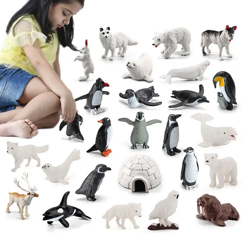 26Pcs/Set Arctic Animal Model Micro Landscape Miniature Decor Realistic Polar Bear Fox Rabbit Whale Reindeer Seals Figurine