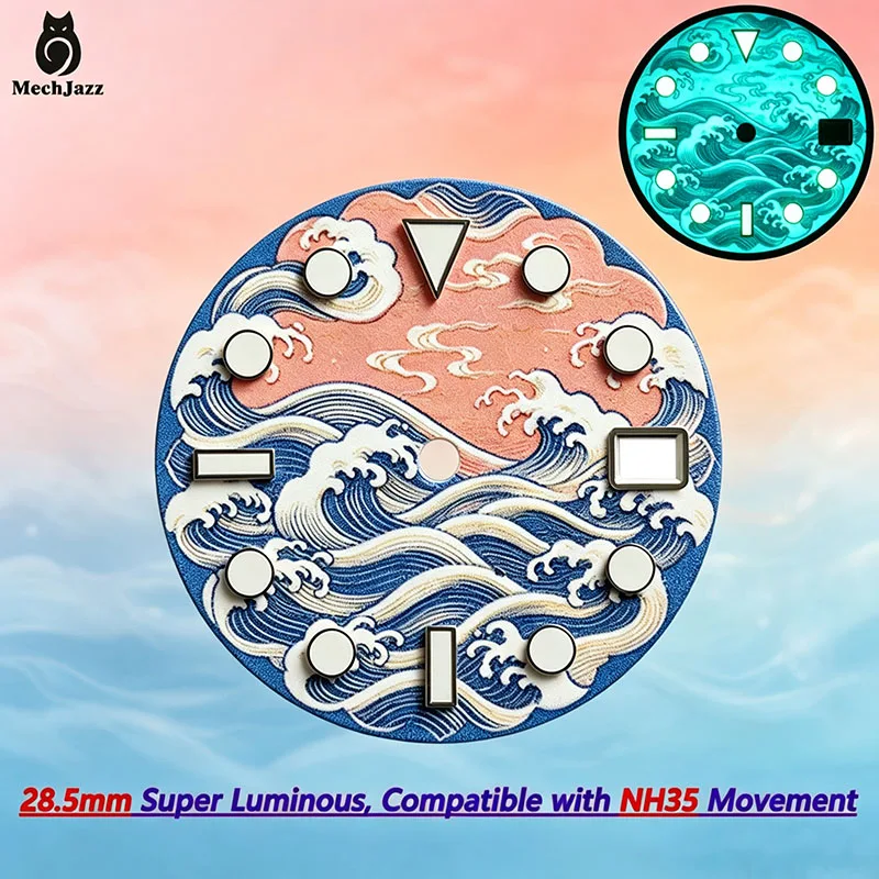 MechJazz 28.5mm Wave Pattern Watch Dial,Super Luminous Dial,3 O'clock Date Window,Compatible with NH35 Movement, Watch Mod Parts