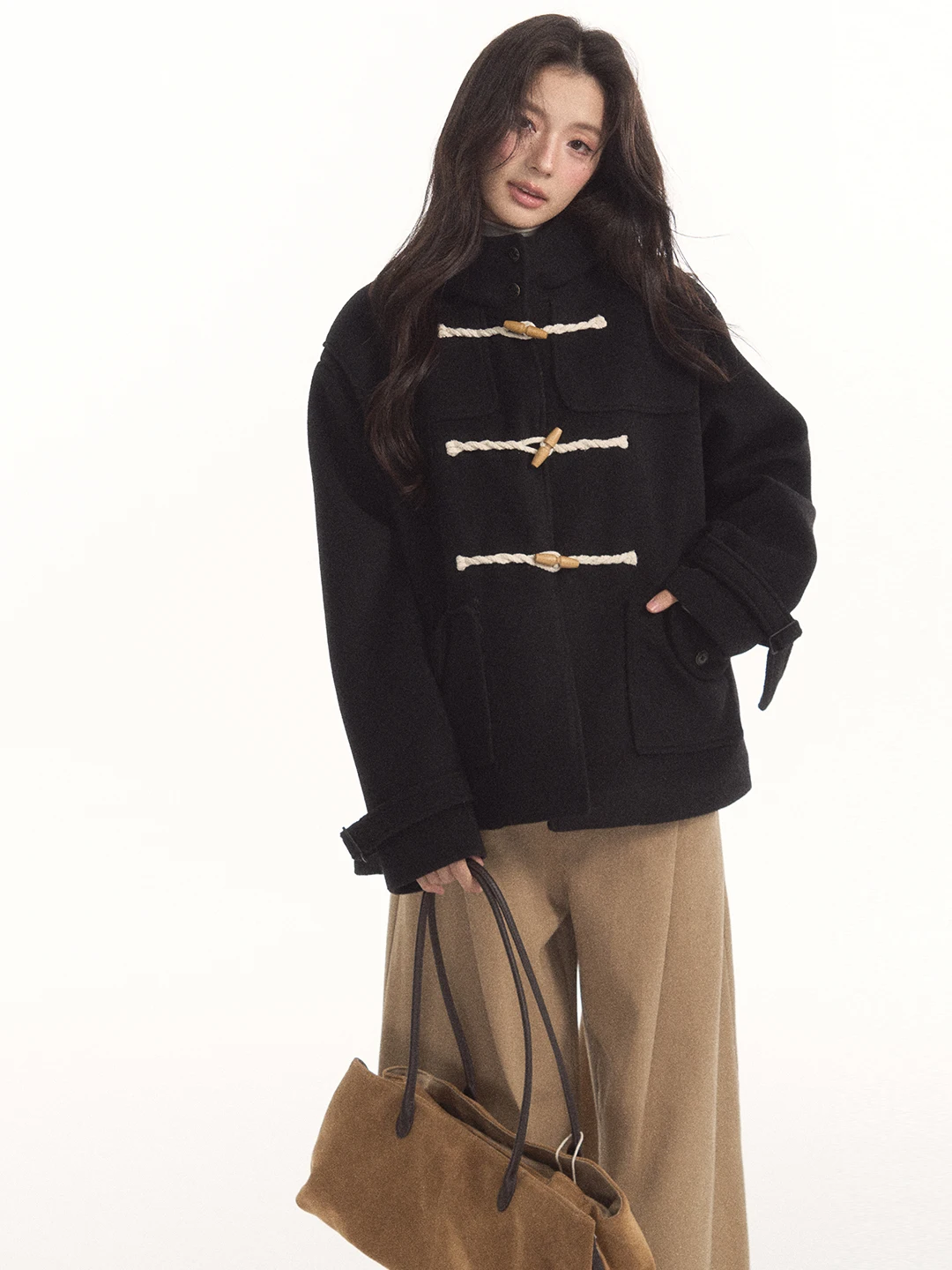 7Shiftin Original Design Retro Academic Style Woolen Coat Stand Collar Matte Woven Button Outerwear Women's Long Sleeve Jacket