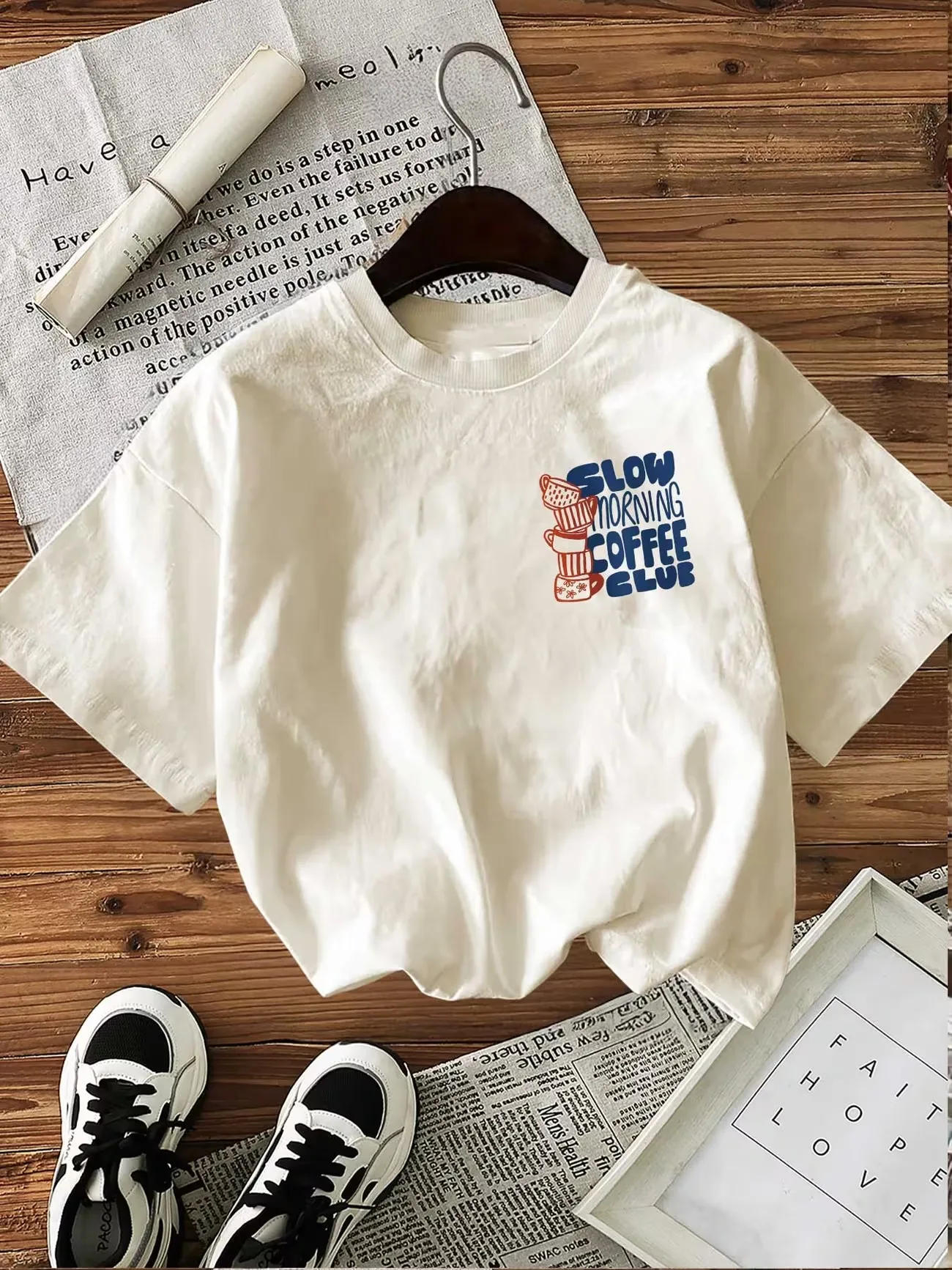 Graphic Coffee Lover Women's Retro Print T-Shirt 100% Cotton Harajuku Crew Neck Short Sleeve Top Vintage Shirt Tee