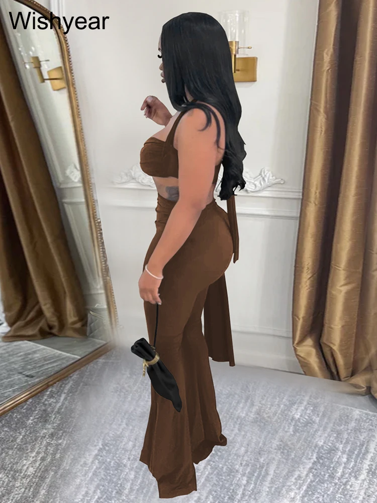 Wishyear Sexy Night Club 2 Piece Pants Set Women Halter Backless Knot Camisole and Flare Trousers Vacation Beach Party Outfits