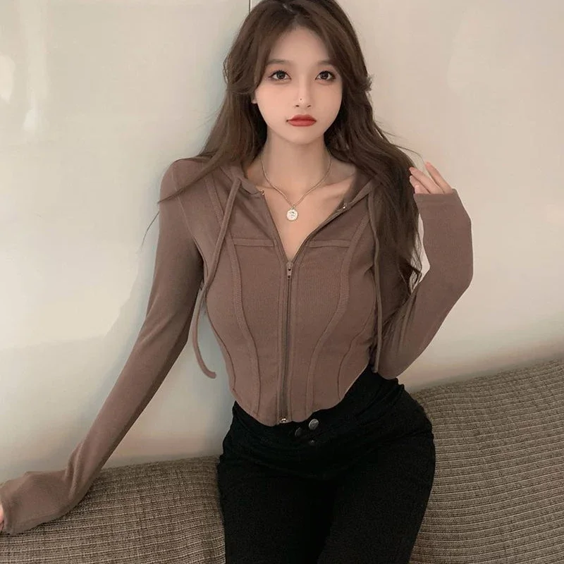 Koreaanse Rits Capuchon Dunne Sweatshirt Damesmode Slanke Sport Cropped Tops Lange Mouwen Tennis Running Sexy Dame Jas