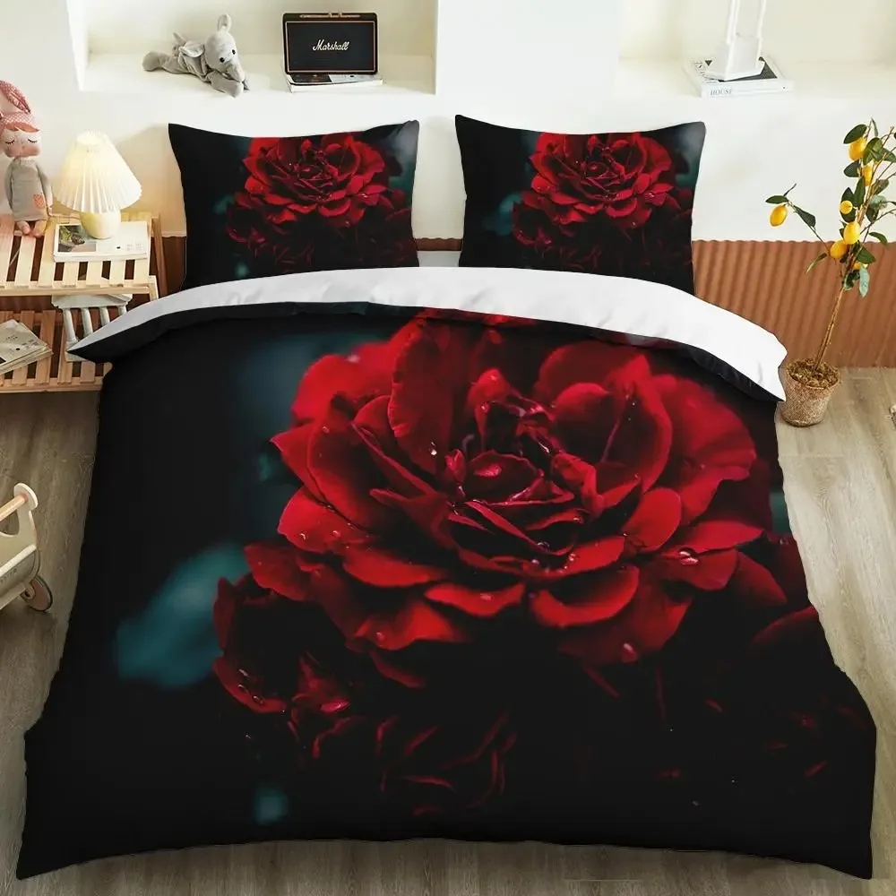 Ensemble de housse de couette en microcarence pleine grandeur Red Rose, housse de couette fleur, ensemble de literie doux, fête des mères, mariage, Leon