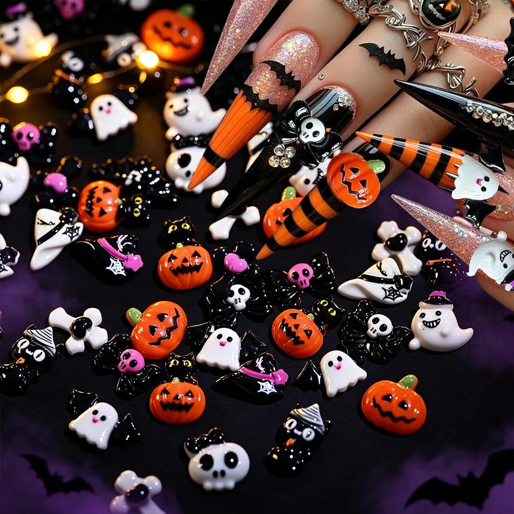 50Pcs Mixed Resin Halloween Nail Charms 3D Cute Cartoon Ghost/Bat/Pumpkin/Skull/Black Cat Nail Parts DIY Horror Festival Decorat
