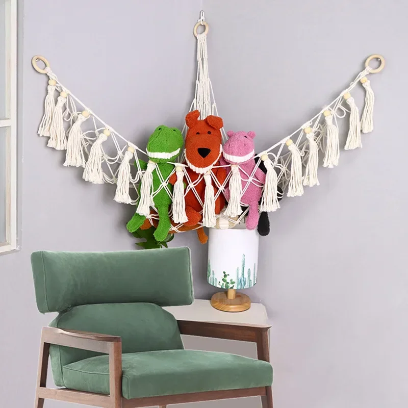 Hamaca de juguete de peluche, decoración de pared de Animal de peluche, Red de macramé, soporte de red de juguete creativo, malla colgante de