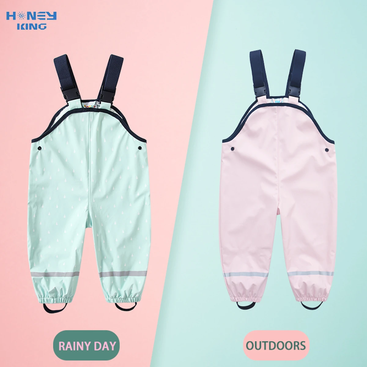 HONEYKING Children's PU Waterproof Rain Pants Toddler Baby Boys Girls Jumpsuit Rompers Kids Rain Overalls Suspenders Pants