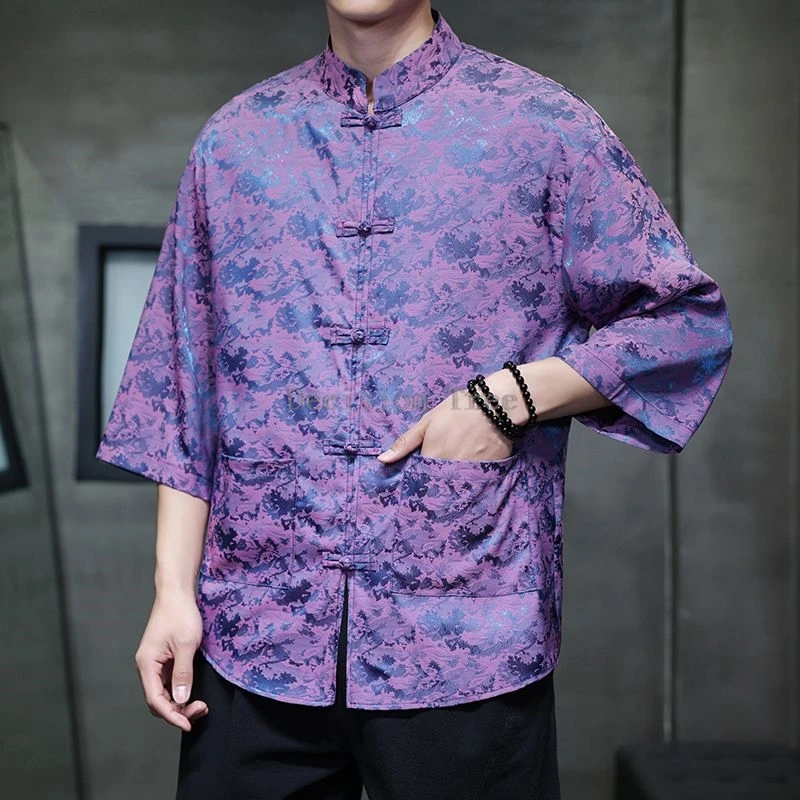 2026 thin luxury vintage men shirt fashionable loose ice silk jacquard tang suit top elegant breathable chinese wushu top