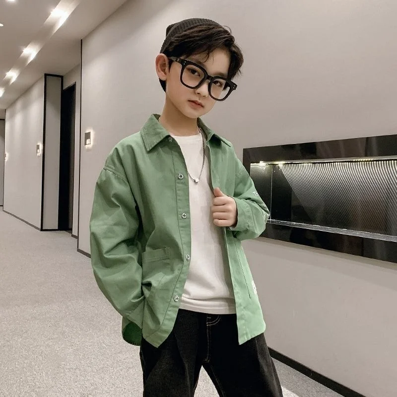 W magazynie chłopięce koszule, topy, kurtki, nowości 2025, duże rozmiary z długimi rękawami, wiosenne ubrania dla dzieci na świeżym powietrzu 5-14T