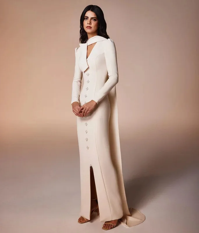 

OIMG Gorgeous Fashion High Neck Sheath White Prom Dresses Long Sleeves Sexy Satin Vintage Evening Gowns Formal Party customized
