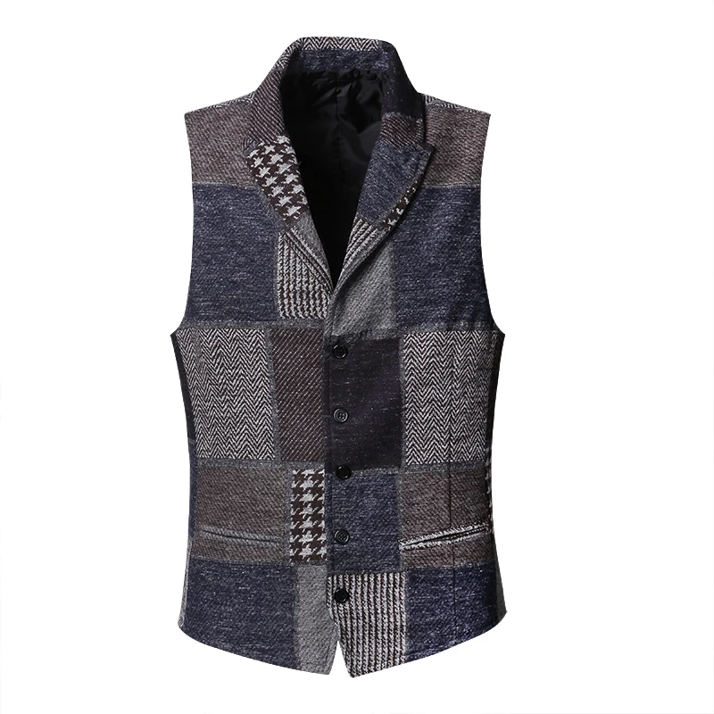 Men's Suit Vest Lapel Collar Stitching Vintage Patch Plaid Woolen Casual Slim Waistcoat for Wedding Vest Groom Costumes 2021