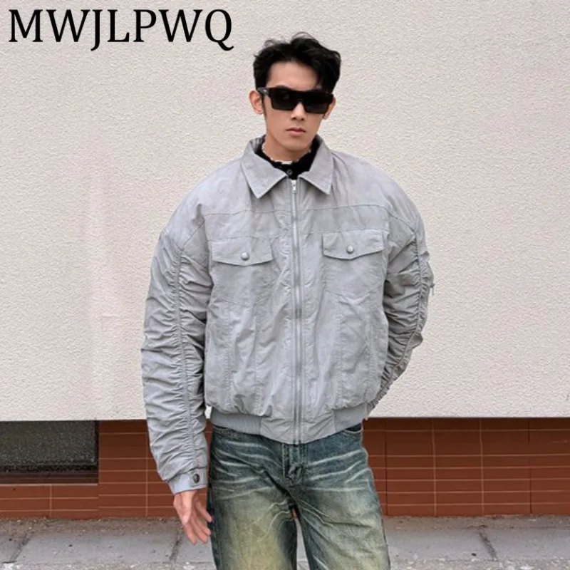 

MWJLPWQ American Street High-Quality Sleeve Pleated Design Cotton Jacket Male Lapel Fashion Tops Modish 2025 Winter New 21631
