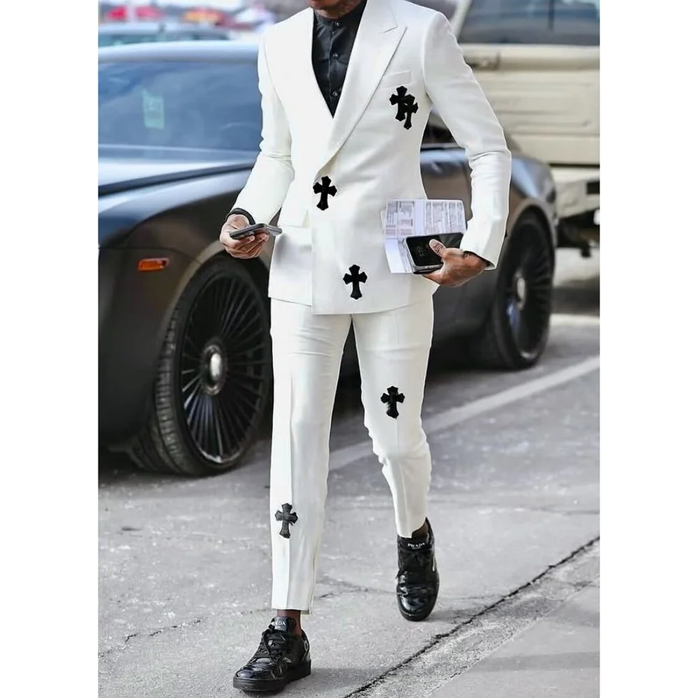 

White Men's Suit Exquisite Appliques High-end 2 Pieces Suit Set Daily Work Commute Boutique Male Clothing