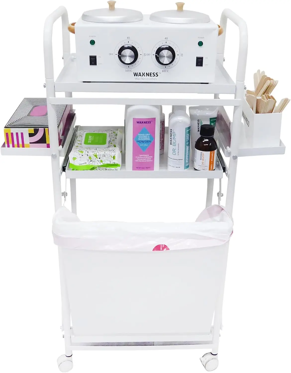 Foldable Professional Waxing Trolley Cart with Magnetic Side Shelves and Trash Compartment