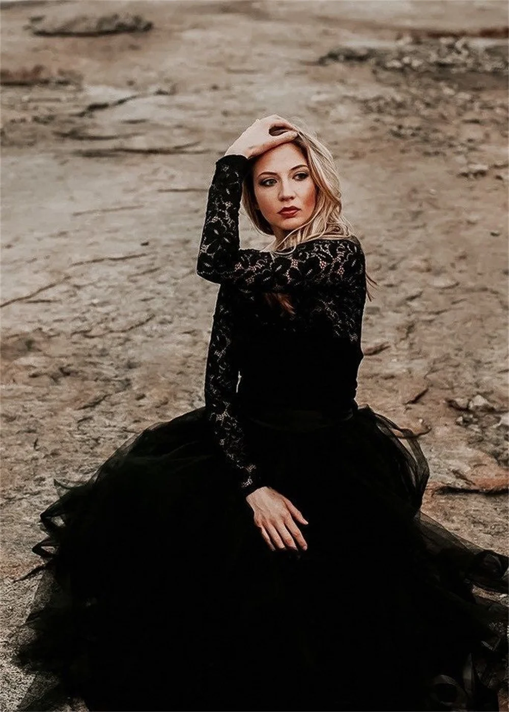 Amanda فساتين مناسبة رسمية Gothic Prom Dress 2023 Long Sleeve Lace Embroid Wedding Dress Black Tulle A-line Vestidos De Noche