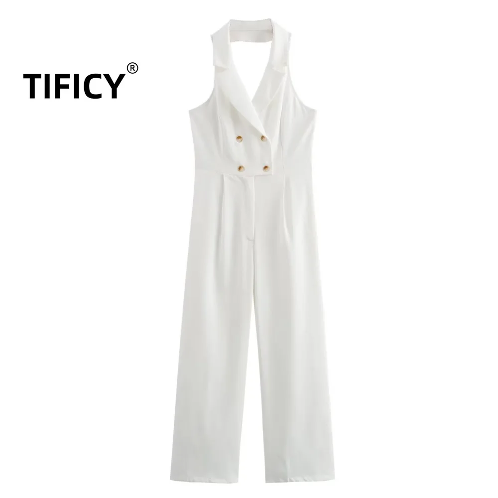 

Summer Jumpsuit New Women's Fashionable Solid Color Hanging Neck Collar Sleeveless Slimming Straight Leg Wide Leg Jumpsuit