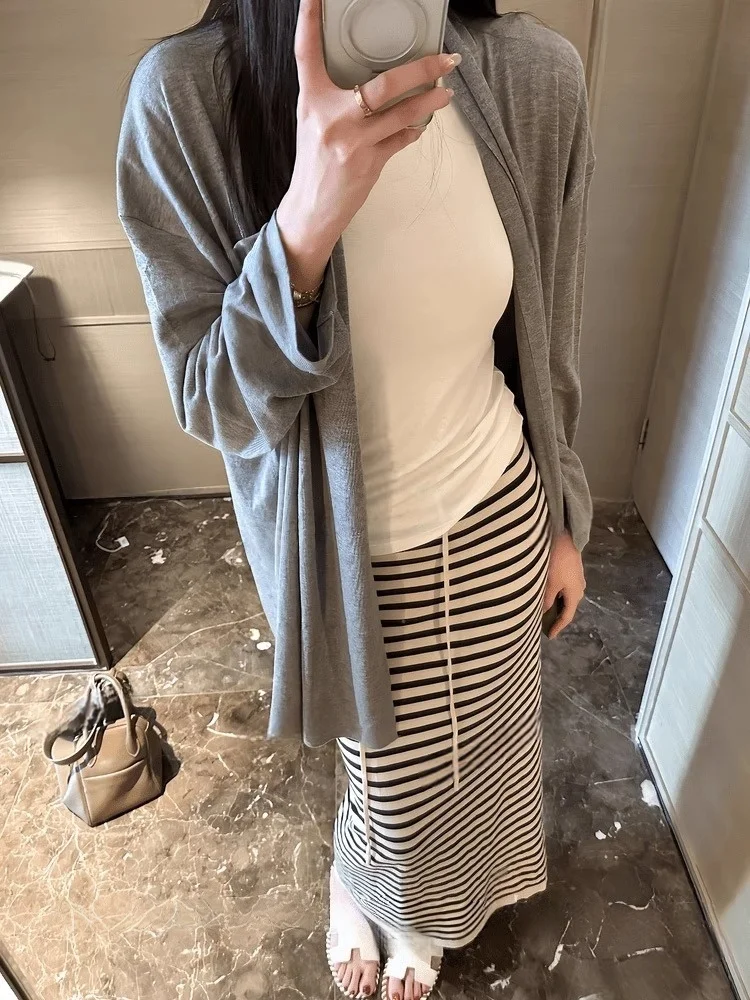 High Waist Drawstring Stripe Half Skirt Women's Summer Korean Style Casual Loose Long A-Line Skirt Slimming Bounce Buttocks