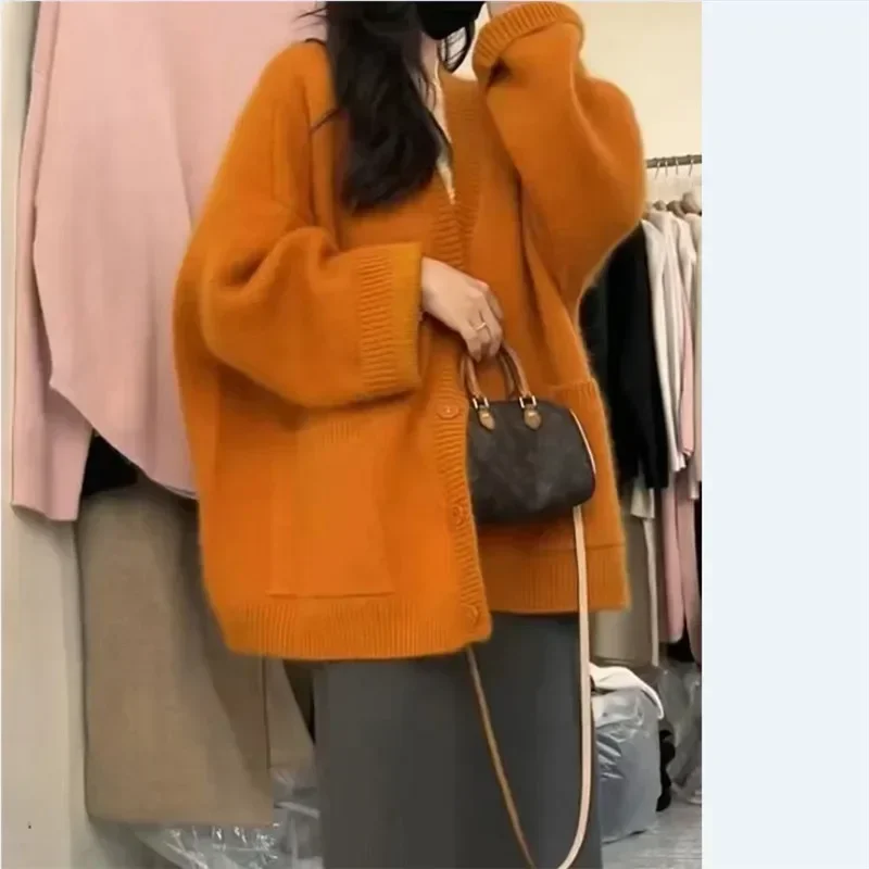 Women Solid Knitted Sweater Single Breasted Cardigan V Neck Full Sleeve Pockets Jumpers Solid Sweaters Autumn Winter Loose Fit