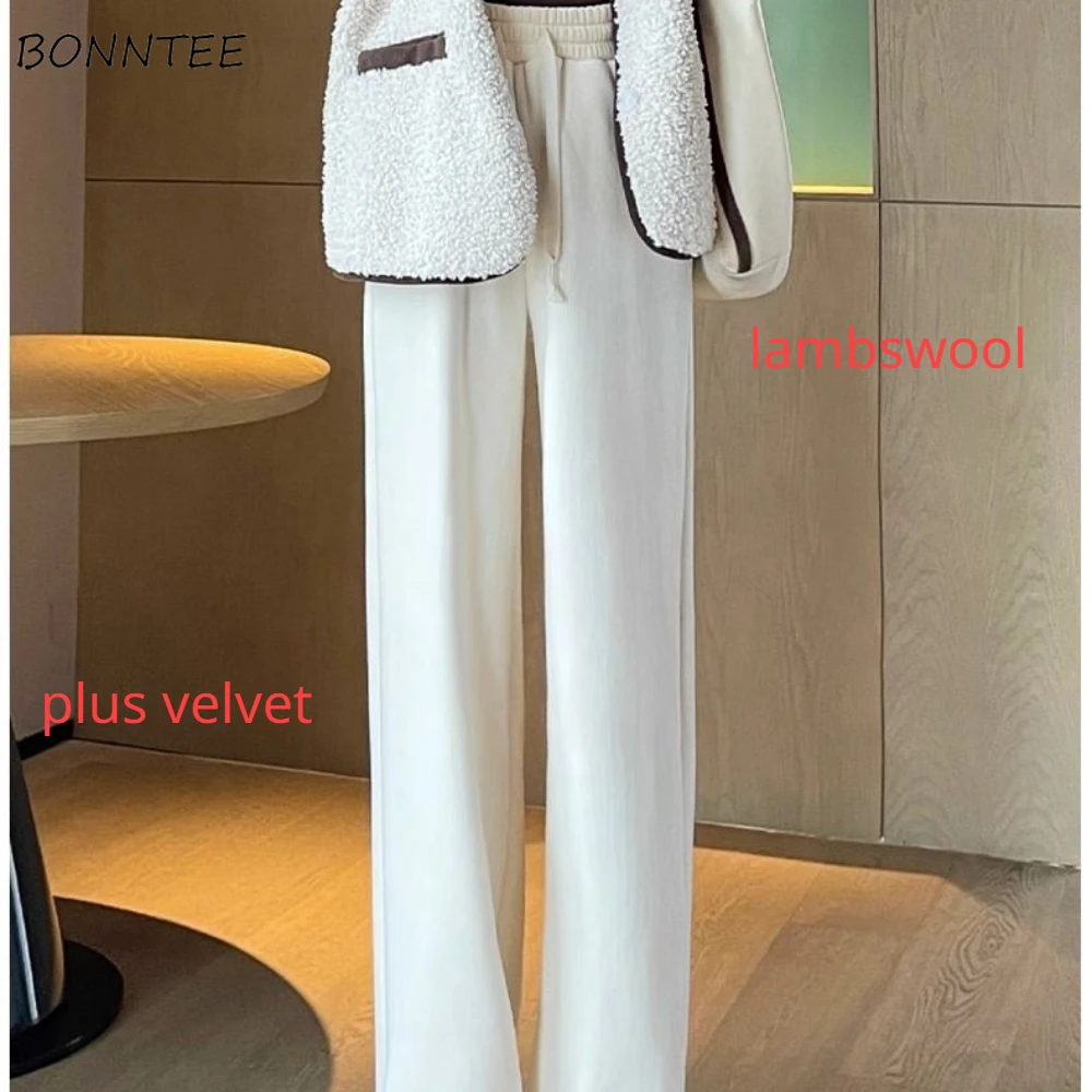 

Sweet Lambswool Plus Velvet Thicker Loose Casual Pants Women Korean Style Students Fashion Autumn Winter Soft Wide Leg All-match