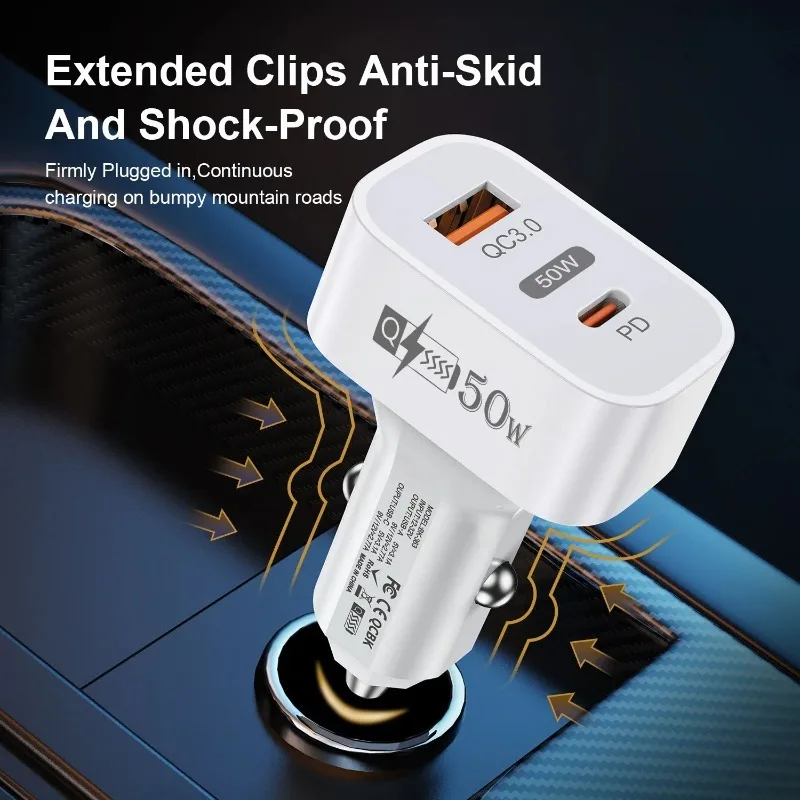 50W 2Port Car Charger Super Fast Charger QC3.0 /PD25W Cigarette Lighter Fast Charger for iPhone/Huawei/Samsung/xiaomi/OPPO/VIVO