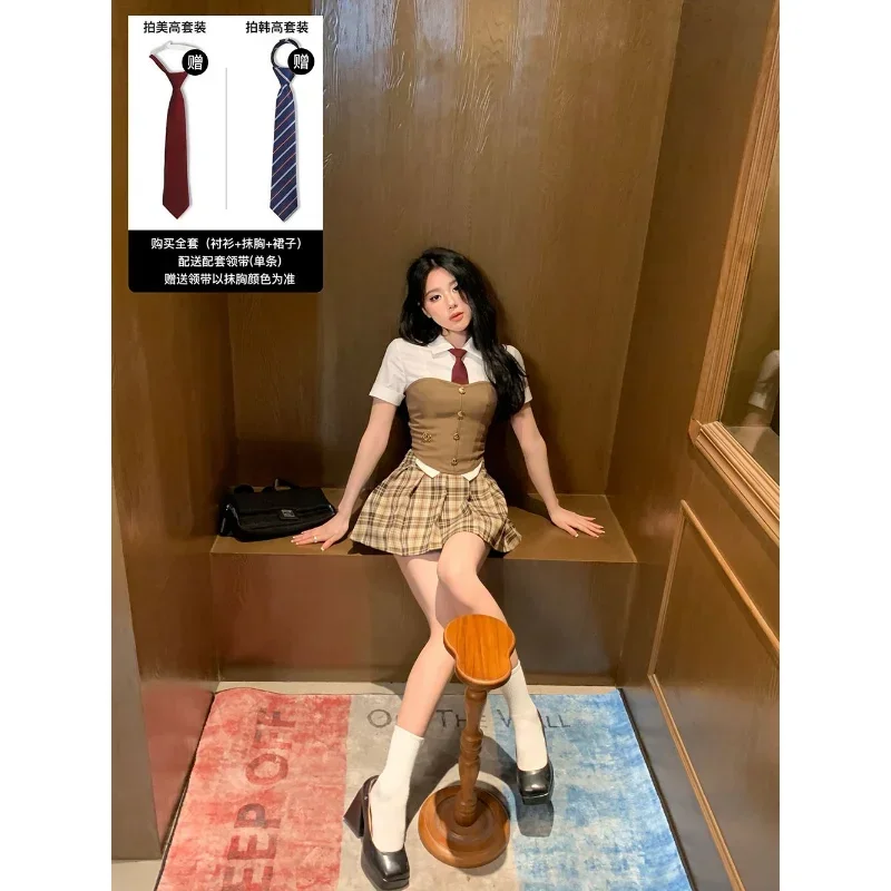 Koreaans Heet Meisje Jk Uniform Vrouwen Y 2K Japans Corset Tube Top Vest Met Korte Mouwen Shirt Geplooide Rok Pak Schooluniform Sexy