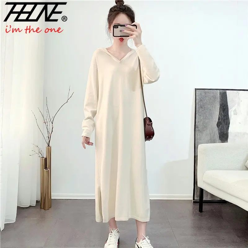 

Knit Dress Women Clothes Clothing Robe Vestido Frock Vintage Spring Maxi Cotton Print Long Knee Hooded Knitted Dresses Female