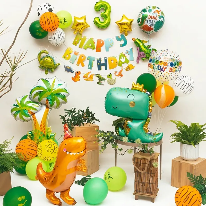 Dinosaur Balloons Arch Garland Kit Green Orange Dino Number Balloons Happy Birthday Balloon for Jungle Safari Dinosaur Party